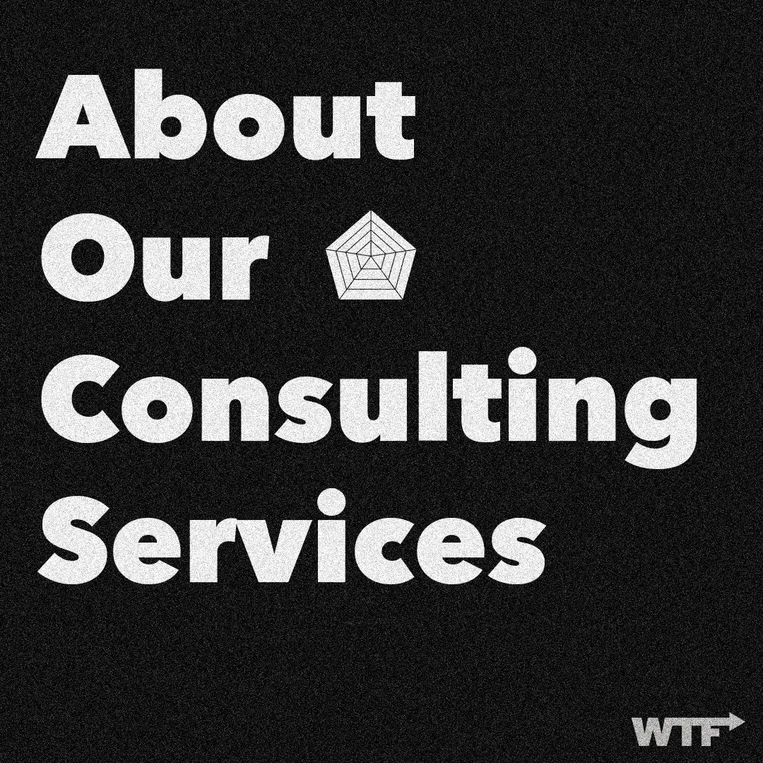 Text reads: About our consulting services. Next to the word 'our' is a graphic of four concentric pentagons that are evenly split into five different sections each, totaling twenty different sections. We The Future of Fashion logo bottom right corner