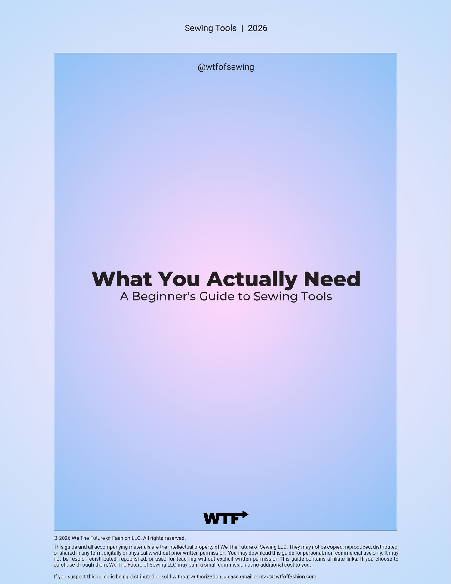 Cover of 'What You Actually Need: A Beginner's Guide to Sewing Tools' with gradient blue and purple design.